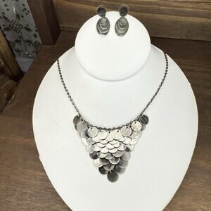 Coin Dangle Necklace Layered Silver Tone Discs & Chain W/ Matching Earrings Vtg